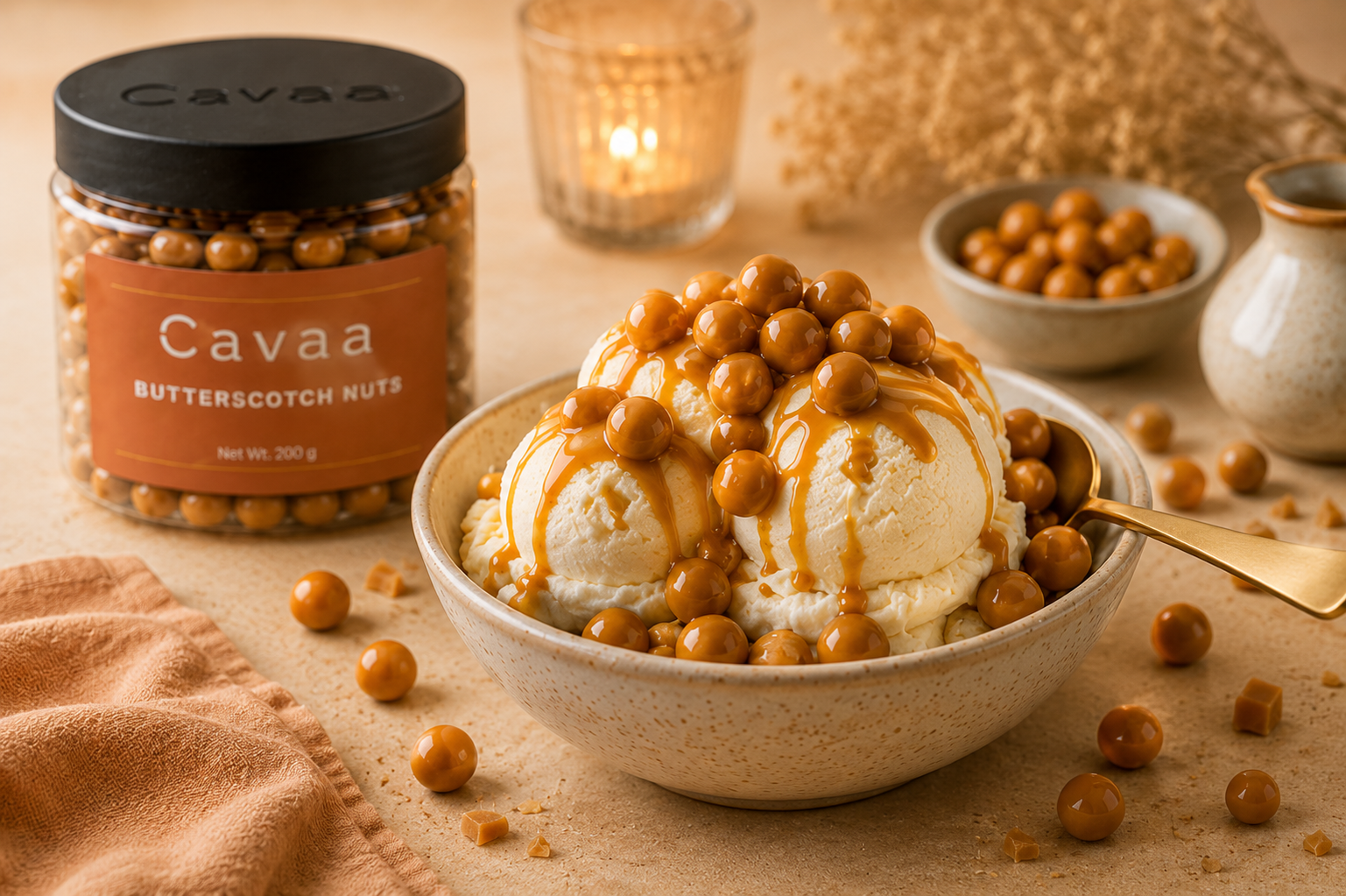 Vanilla ice cream topped with caramel sauce and Cavaa Butterscotch Nuts