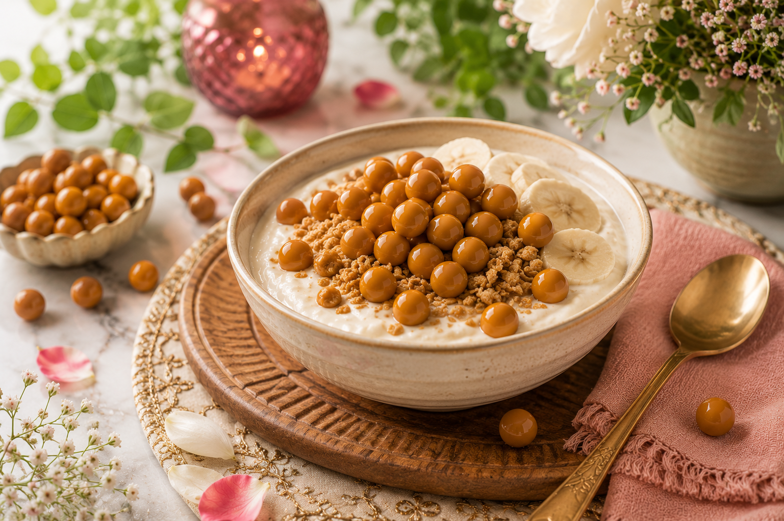 Breakfast yogurt bowl with banana, granola and Cavaa Butterscotch Nuts
