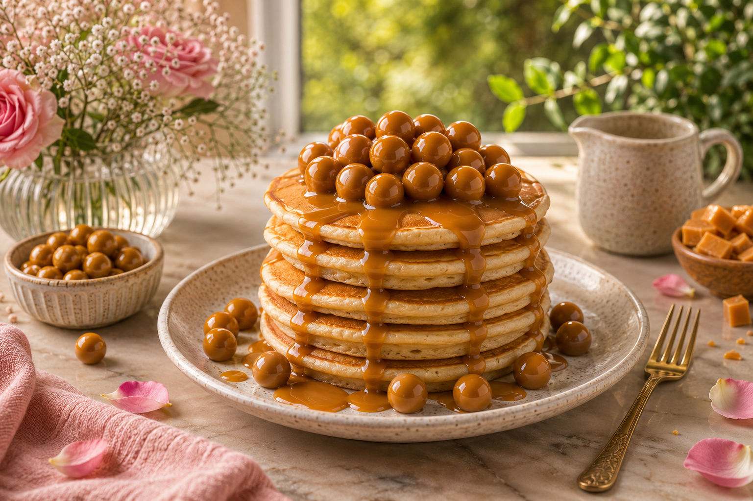 Pancakes topped with caramel sauce and Cavaa Butterscotch Nuts