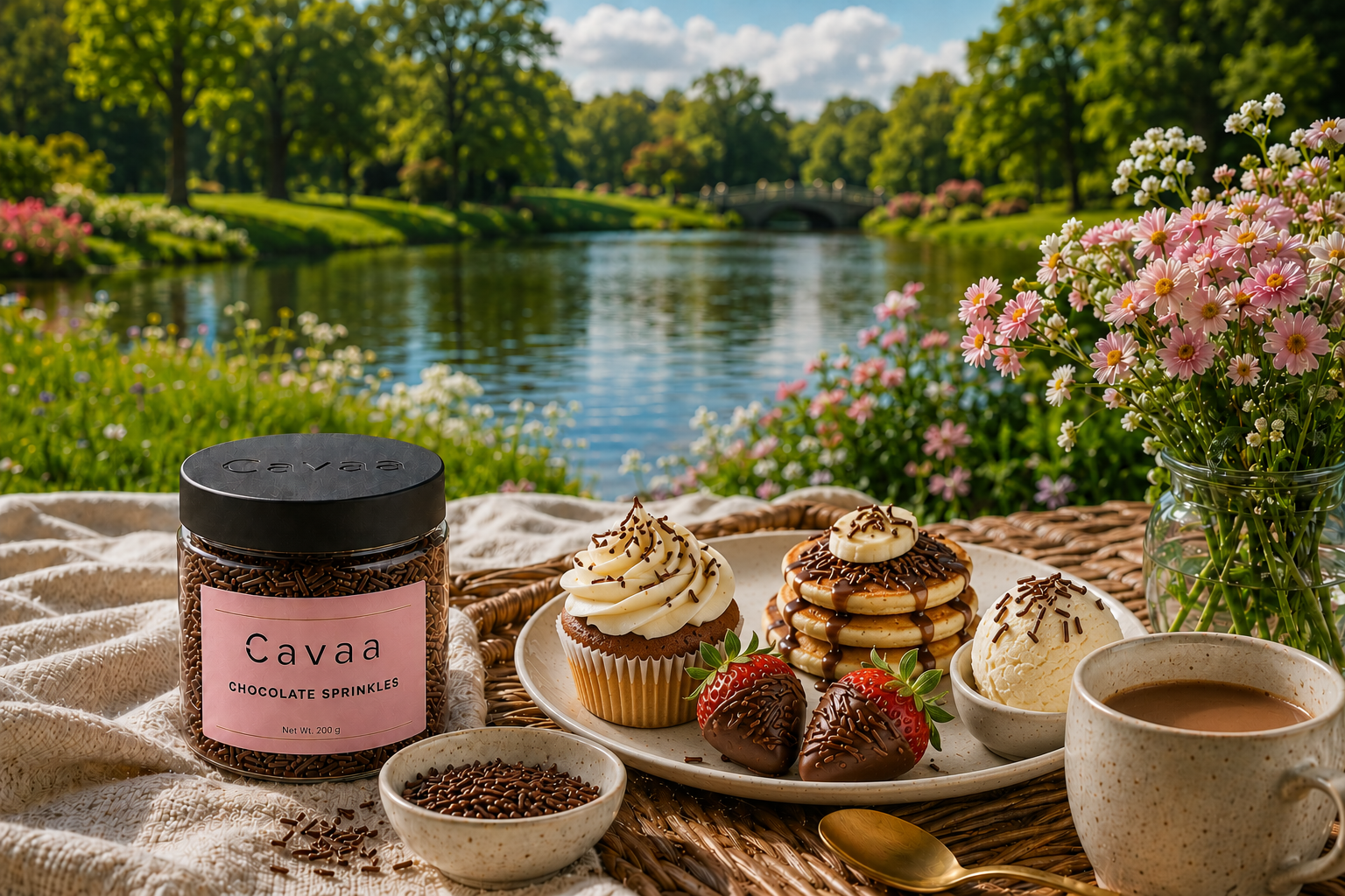 Cavaa Chocolate Sprinkles displayed across an outdoor brunch spread