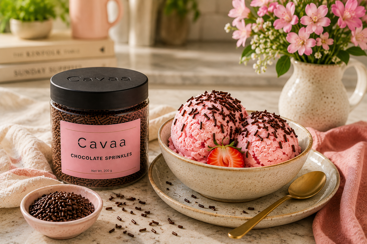 Ice cream finished with Cavaa Chocolate Sprinkles