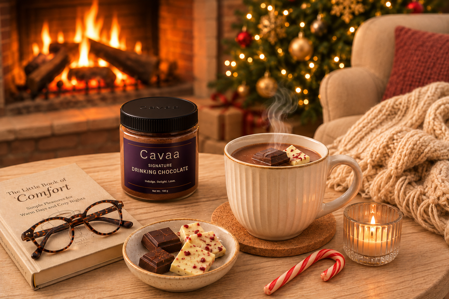 Cavaa Signature Drinking Chocolate beside a warm fireplace